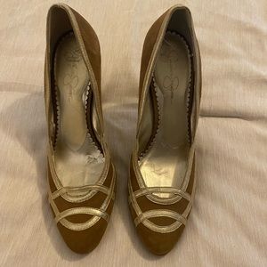 Jessica Simpson Camel and Gold Suede Heels